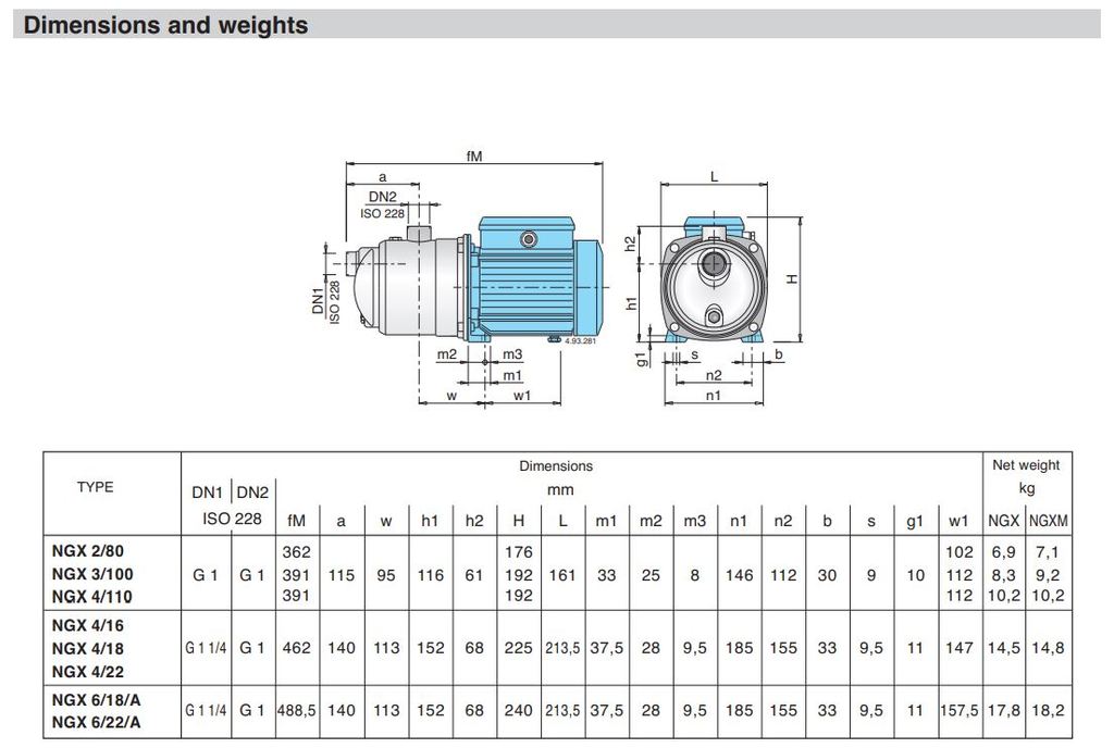 Calpeda-NGXM-Dimensions-Weights